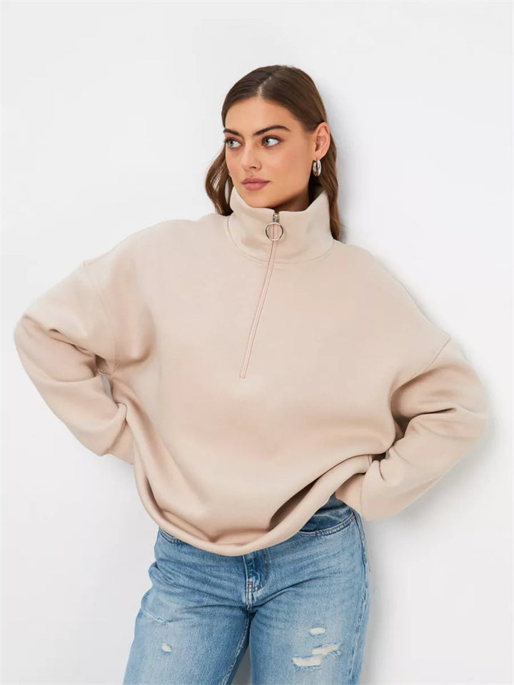 Damen Oversized Halbzip Sweater mit hohem Stehkragen und Rippbündchen – Auréline