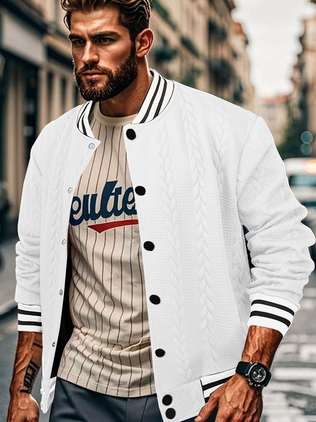Herren modische Baseballjacke mit strukturiertem Obermaterial und Kontrastärmel Echoarchiv