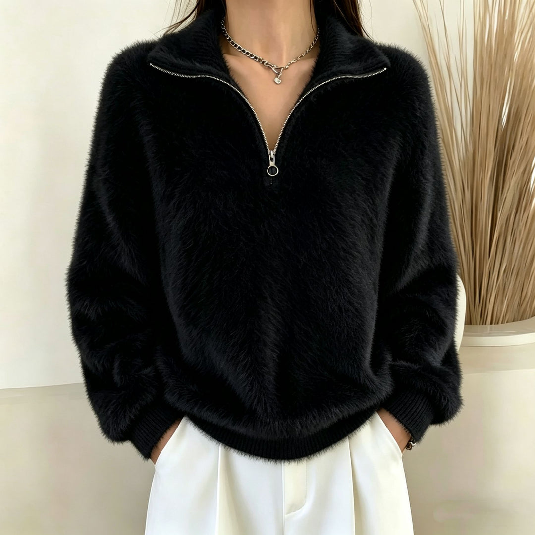 Damen Flauschiger Halbzipp-Pullover mit Stehkragen – Mavelle