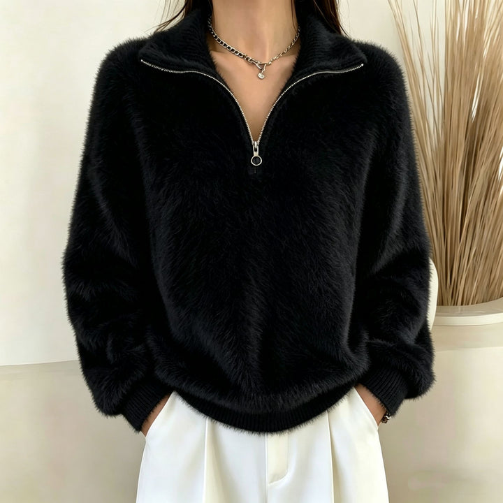 Damen Flauschiger Halbzipp-Pullover mit Stehkragen – Mavelle