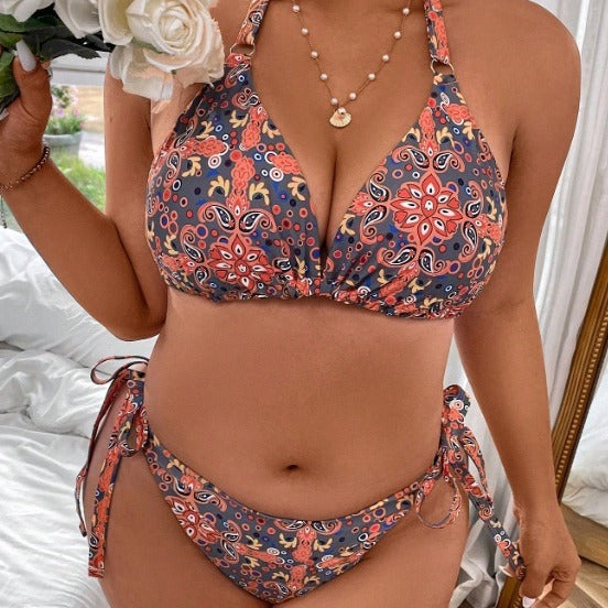 Damen Dreieck-Bikini mit buntem Muster und knotenförmigen Bindebändern Echo Archiv