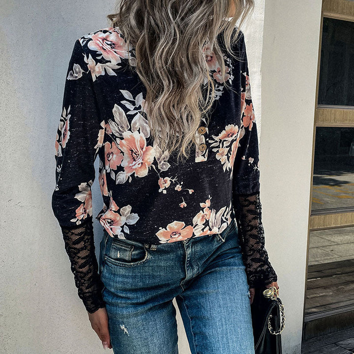 Damen Henley-Top mit Rosenprint, Spitzenmanschetten und Zierknopfleiste Echoarchiv