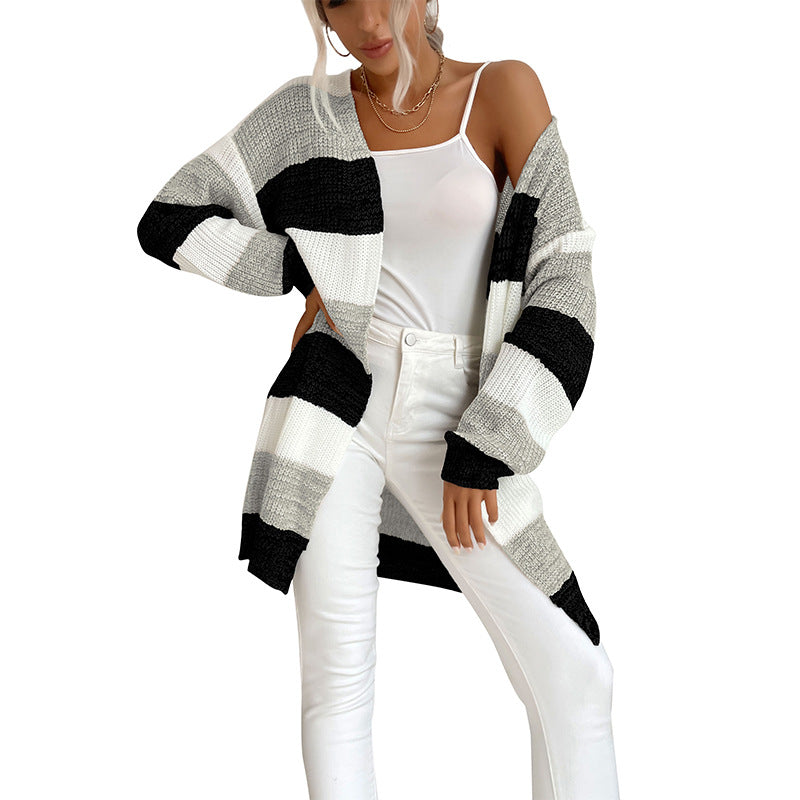 Damen Langer Oversize-Strickcardigan mit Blockstreifen und offener Front – Veloura