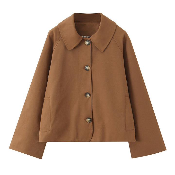 Damen Kurz geschnittene Boxy-Jacke mit weitem Hemdkragen und durchgehender Knopfleiste Echoarchiv