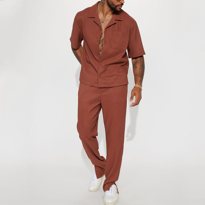 Herren gestreiftes Kurzarmhemd und gemütliche Chinohose Set Echoarchiv