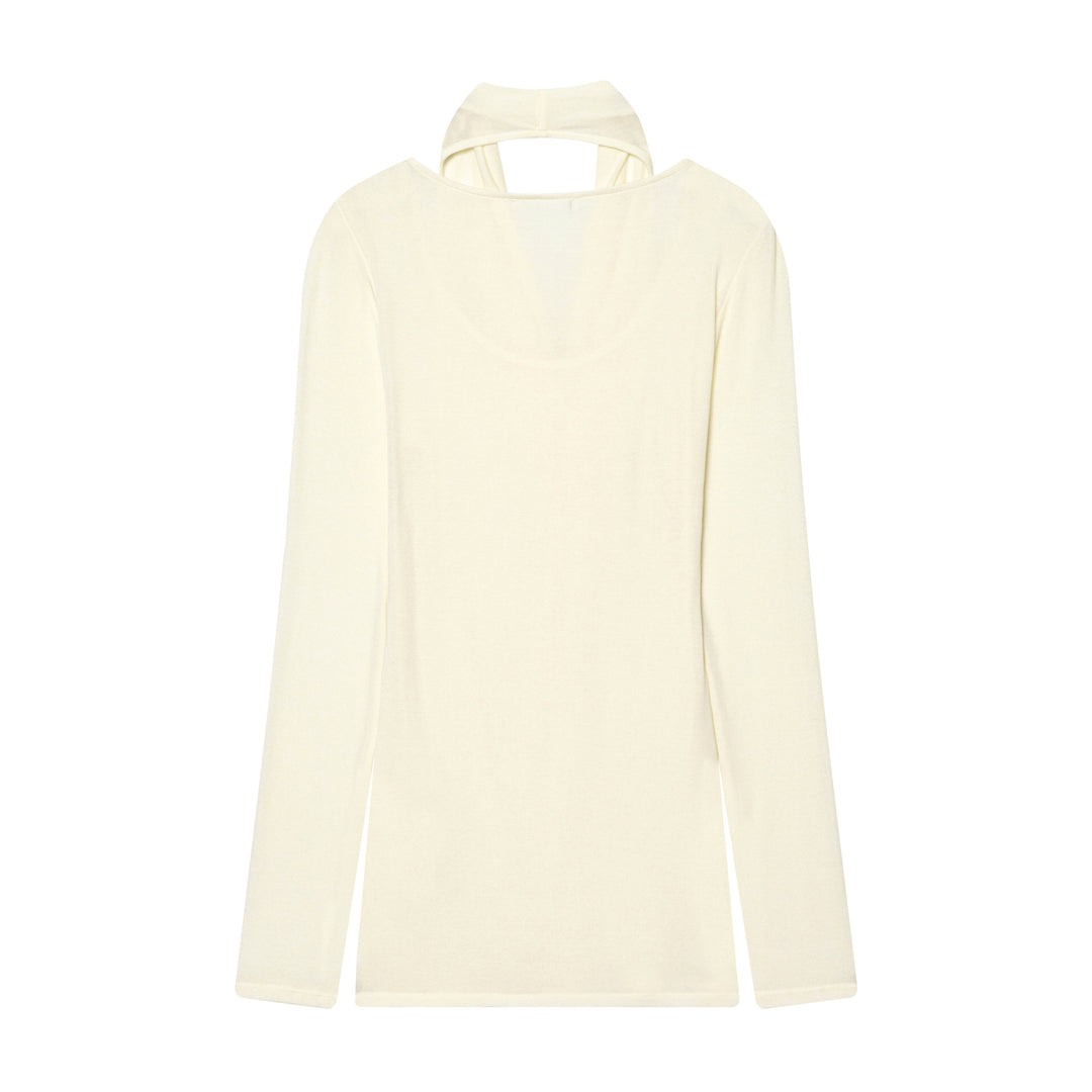 Damen drapiertes Langarmshirt mit tiefem Wasserfall-Cowl-Ausschnitt aus feinem Jersey – Avérine