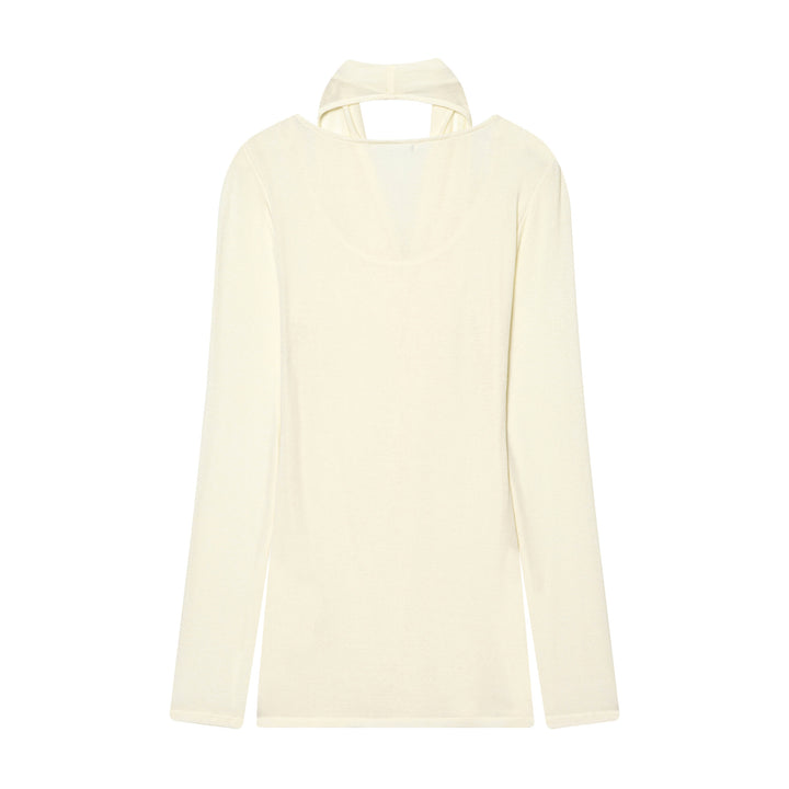 Damen drapiertes Langarmshirt mit tiefem Wasserfall-Cowl-Ausschnitt aus feinem Jersey – Avérine