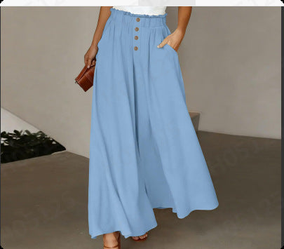 Damen weite Leinenhose mit hohem, gerafftem Bund und Knopfverzierung Echo Archiv
