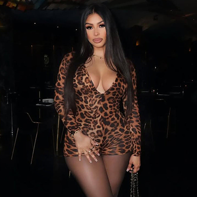Damen stylischer Leopardenmuster Bodysuit mit V-Ausschnitt und langen Ärmeln Echo Archiv