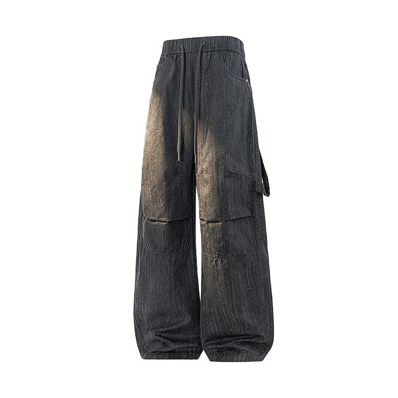 Damen Weite Leinenoptik Cargo-Bundhose mit Tunnelzug, Knieabnähern und asymmetrischer Seitentasche Echo Archiv