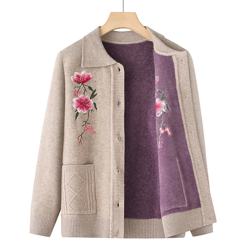 Damen bestickte Strickjacke mit Hemdkragen, Eingrifftaschen und floraler Stickerei – Veloura