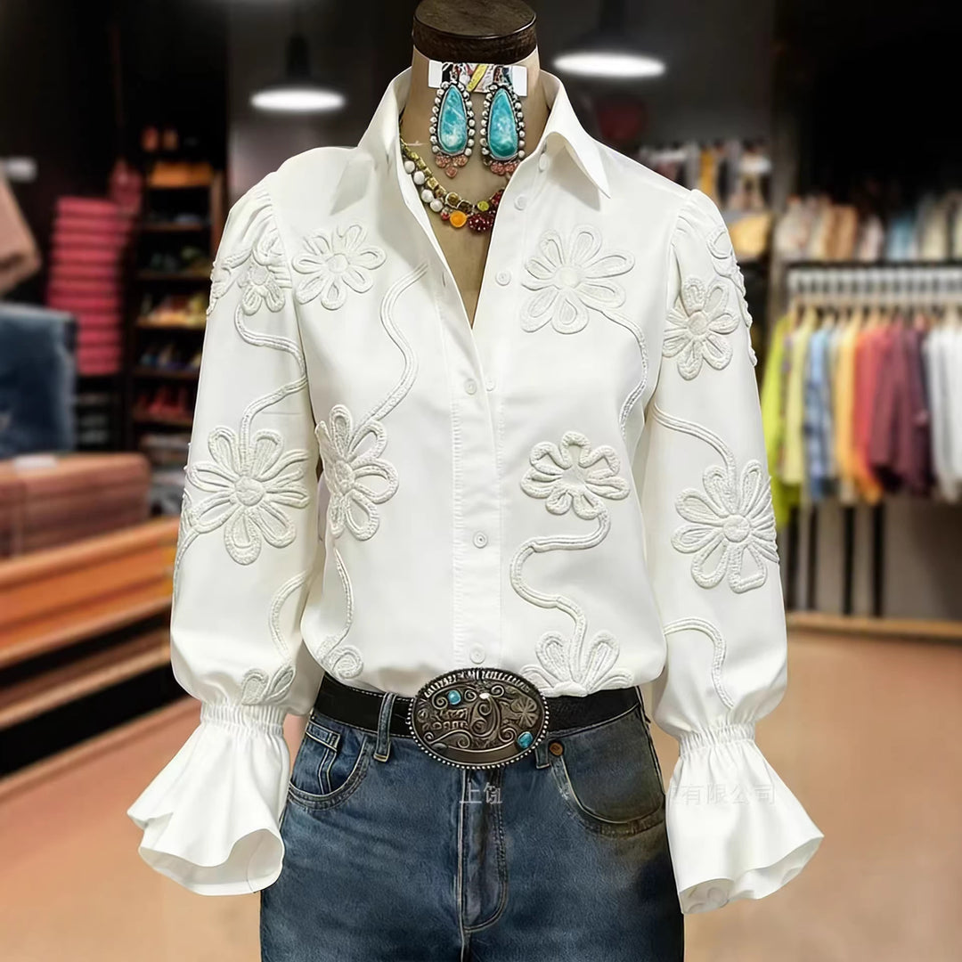 Damen elegante Bluse mit floraler Stickerei und voluminösen Ärmeln Echo Archiv