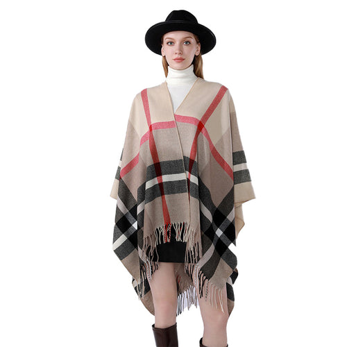 Damen Oversize-Poncho im Kaschmir‑Touch mit V‑Ausschnitt und Fransensaum Echo Archiv