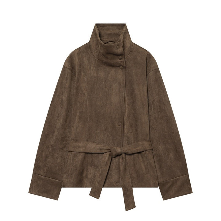 Damen Kurzjacke im Boxy-Cut aus Velourslederoptik mit hohem Stehkragen und Bindegürtel Echo Archiv