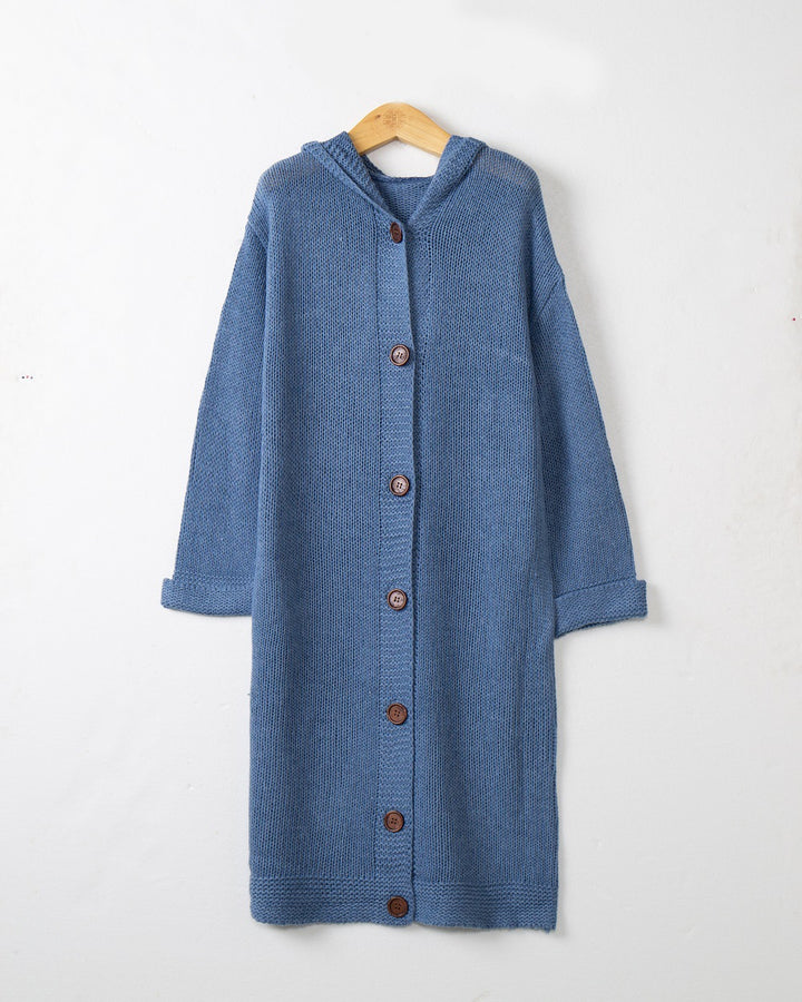 Damen Kapuzen-Longcardigan aus mitteldickem Rippstrick mit durchgehender Knopfleiste und lockerem Oversize-Schnitt Echo Archiv