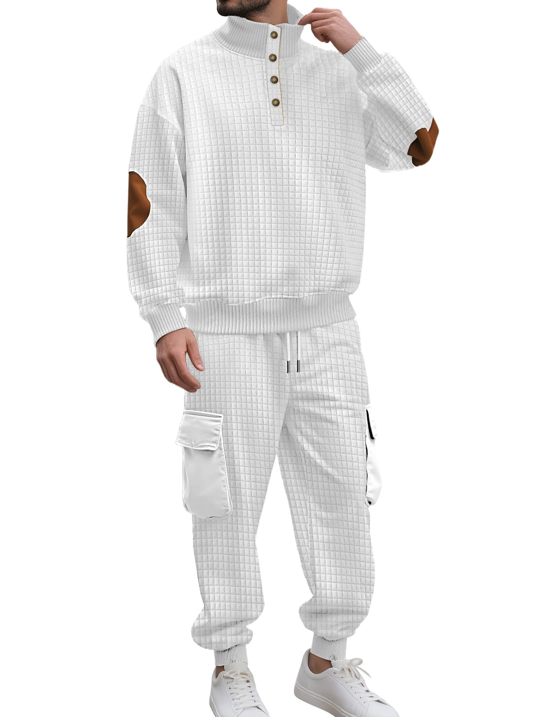 Herren nan Karo-Relief-Sweatset mit Stehkragen-Knopfleiste, Velours-Ellenbogenpatches und Cargo-Jogger Echo Archiv