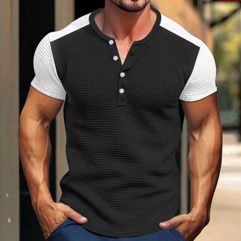 Herren Kurzarm-Hemd mit modischem Henley-Kragen und Kontrastärmel Echoarchiv