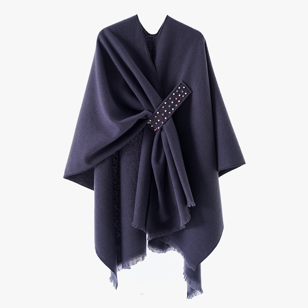 Damen Eleganter Wickel-Umhang aus Wollmischung mit Taillenschärpe und Fransensaum – Avérine