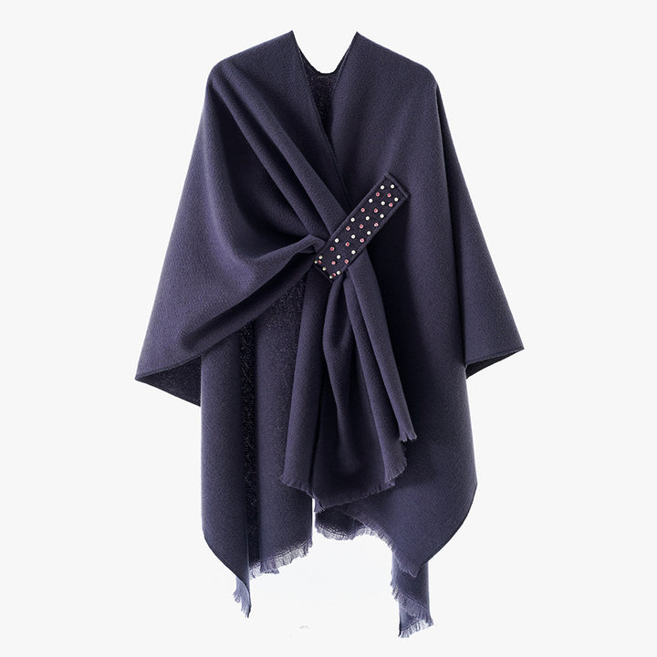 Damen Eleganter Wickel-Umhang aus Wollmischung mit Taillenschärpe und Fransensaum – Avérine