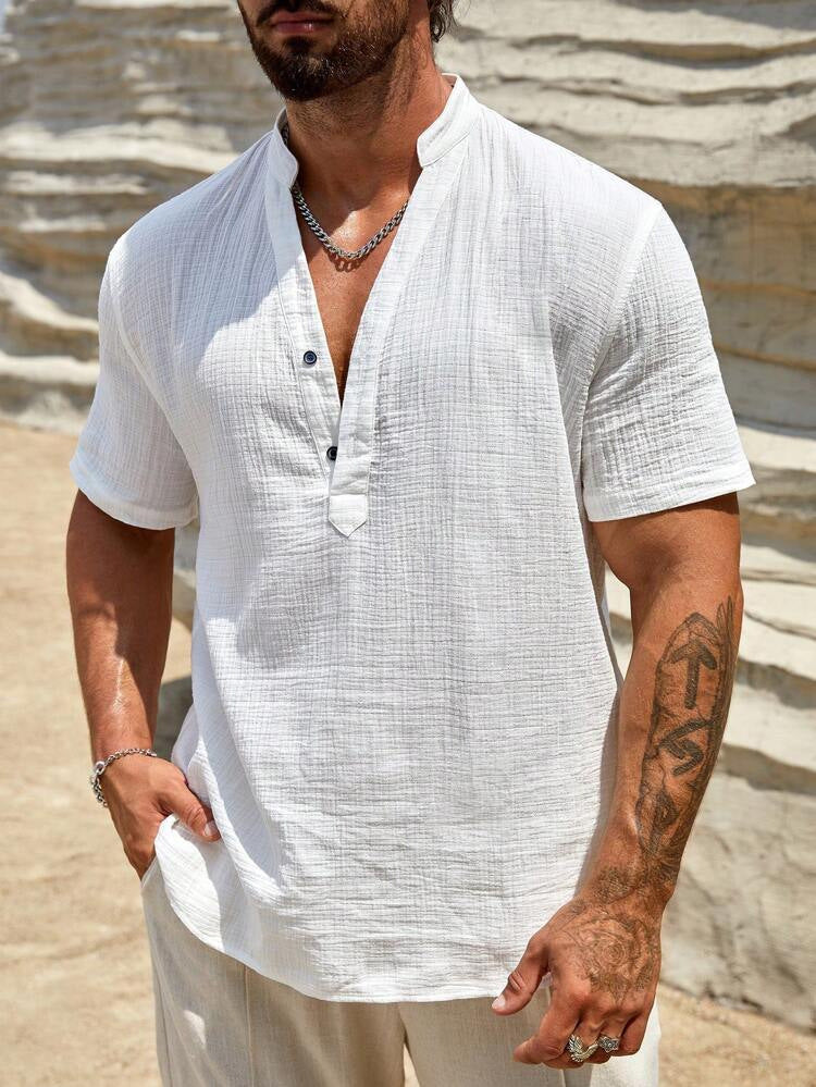 Herren Kurzarm Henley Hemd mit modernem Stehkragen aus leichtem Baumwollmaterial Echoarchiv