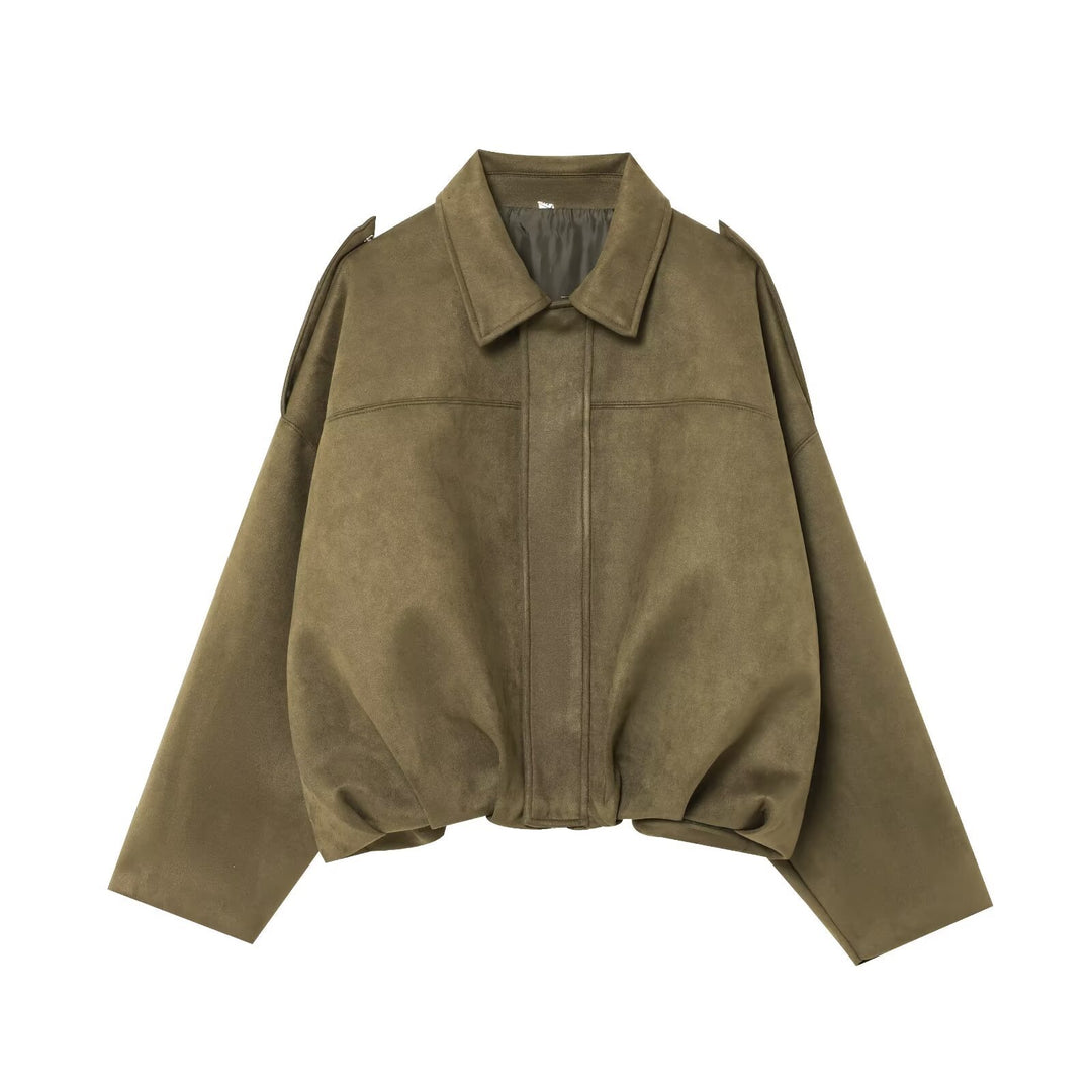 Damen Gekürzte Wildlederoptik-Blousonjacke mit Taillen-Smock und Schulterpatten Echo Archiv