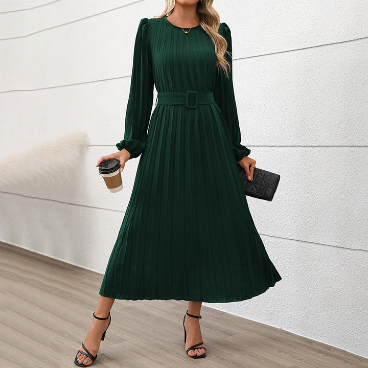 Damen Plissiertes Midikleid mit Taillengürtel, langen Puffärmeln und seitlichem Schlitz Echoarchiv