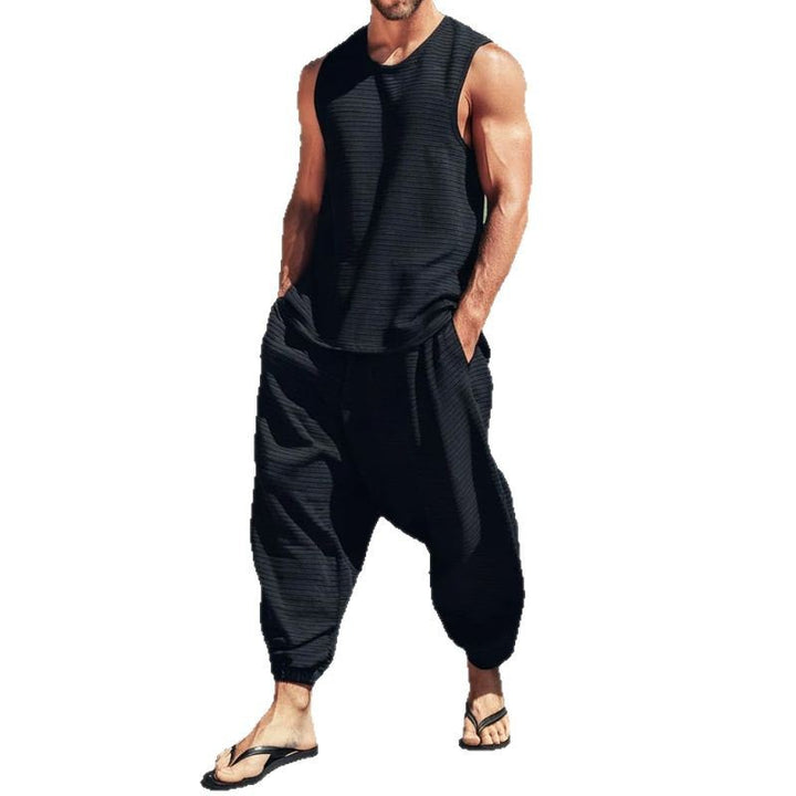 Herren Zweiteiliges Lounge-Set aus strukturierter Jerseyware mit ärmellosem Top und weiter Haremshose – Averon