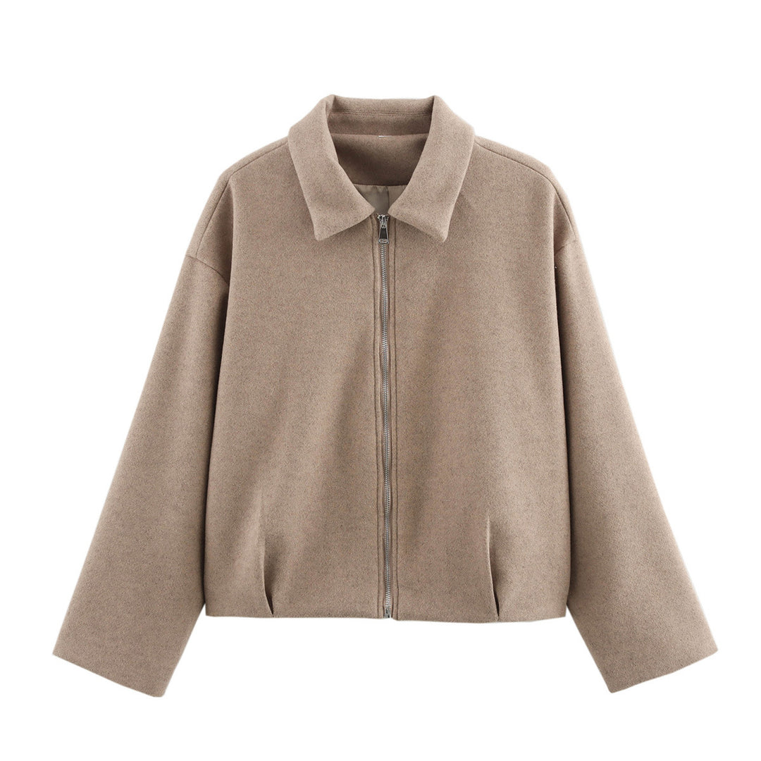 Damen kastig geschnittene Wolloptik-Übergangsjacke mit Hemdkragen und verdecktem Reißverschluss – Célinea
