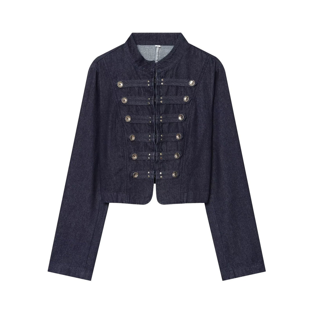 Damen kurze Denim‑Militärjacke mit Stehkragen und dekorativer Zierknopfleiste Echo Archiv