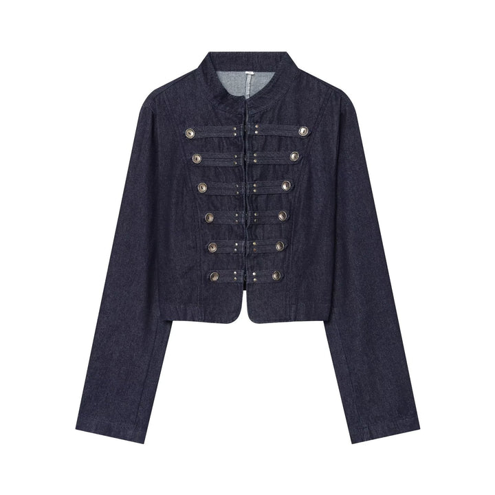 Damen kurze Denim‑Militärjacke mit Stehkragen und dekorativer Zierknopfleiste Echo Archiv