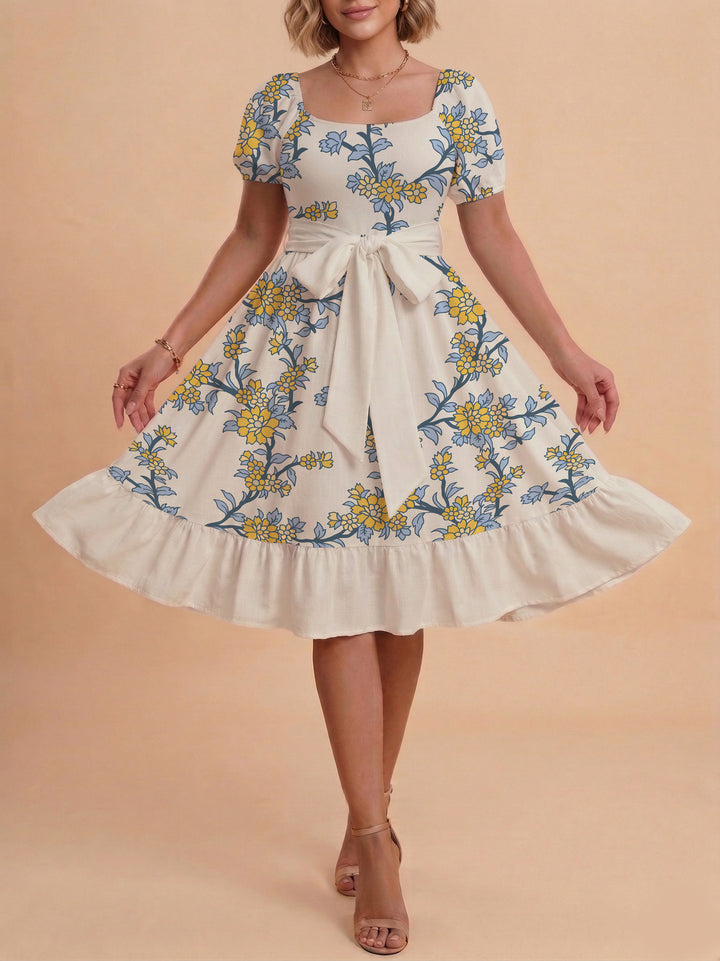Damen Blumenkleid mit taillierbarem Gürtel und voluminösen Ärmeln Echo Archiv