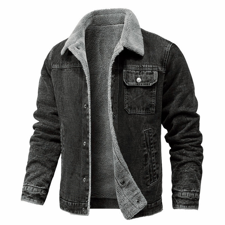 Herren gewaschene Denim-Workerjacke mit Teddyfutter und eingelassenen Seitentaschen Echoarchiv