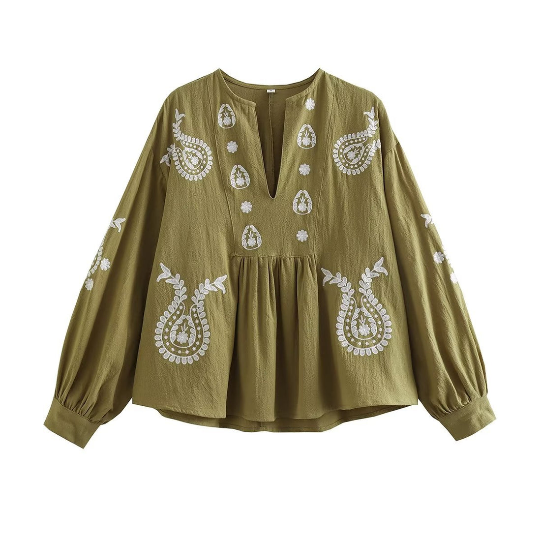 Damen bestickte Boho-Tunika mit Paisley-Stickerei, V-Ausschnitt und voluminösen Balloonärmeln – Avérine