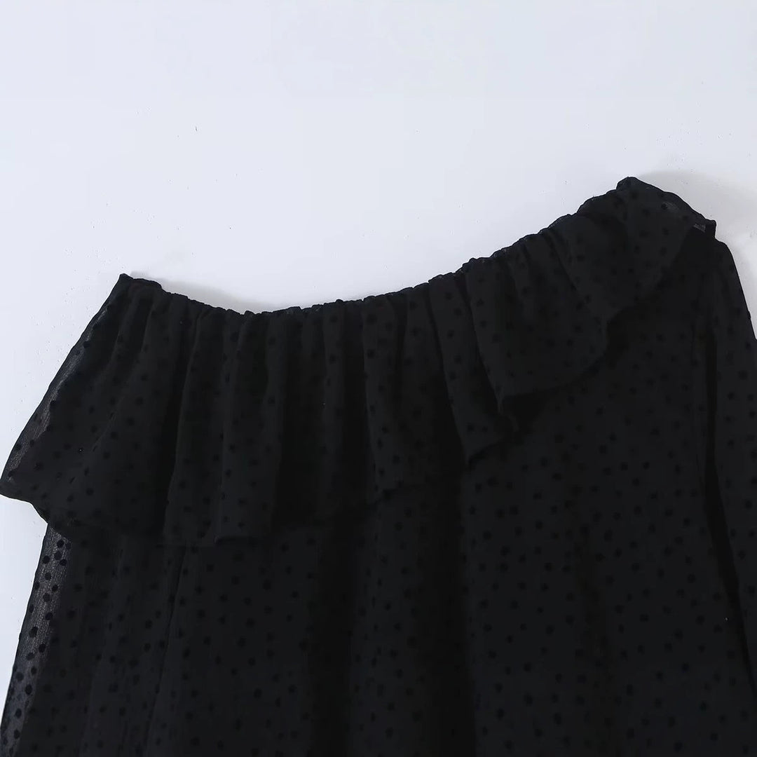 Damen Schulterfreie Chiffonbluse mit Volantkragen und transparenten Puffärmeln Echo Archiv