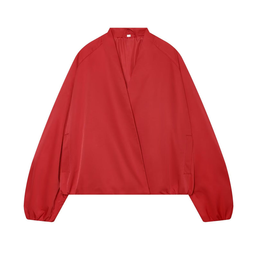 Damen Oversize Cropped Bomberjacke mit offenem V-Ausschnitt und elastischem Saum Echo Archiv