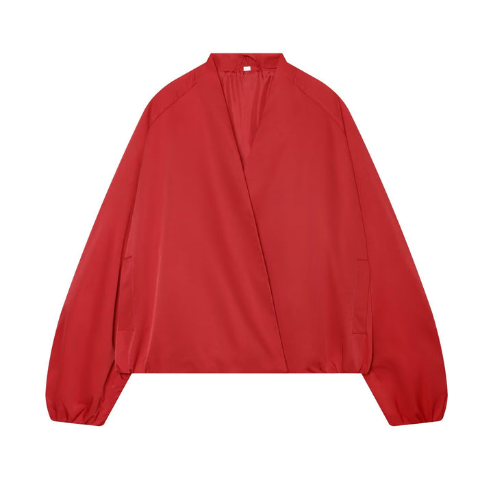 Damen Oversize Cropped Bomberjacke mit offenem V-Ausschnitt und elastischem Saum Echo Archiv