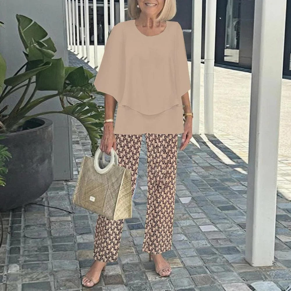 Damen nan Lagen-Tunika mit Cape-Ärmeln und knöchellanger Geradebeinhose mit Grafikprint Echo Archiv