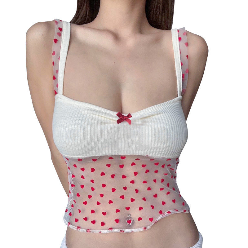 Damen Transparentes Top mit romantischem Herzmuster und doppeltem Träger Echo Archiv