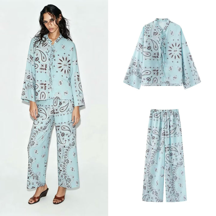 Damen Weite Palazzo‑Hose mit Paisley‑Print, hohem Bund und elastischem Gummizug Echo Archiv