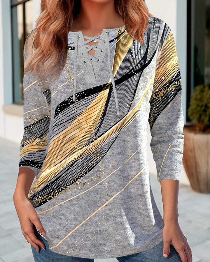 Damen nan Schnürkragen-Longshirt mit dreiviertel-Ärmeln und grafischem Metallic-Print Echo Archiv