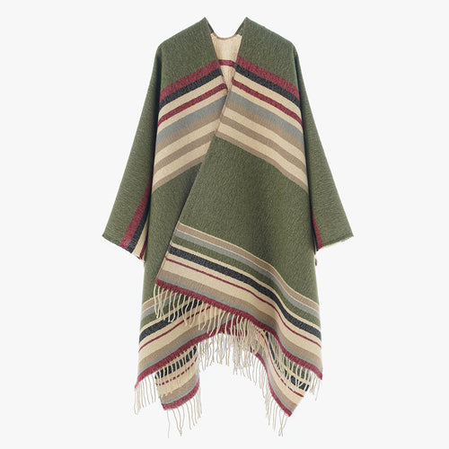 Damen Gestreifter Wollmix-Capeponcho mit Fransen Echo Archiv