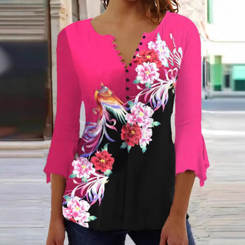 Damen nan V-Ausschnitt Tunika-Bluse mit floralem Vogelmuster, dreiviertel-Volantärmeln und figurumspielendem Saum Echo Archiv