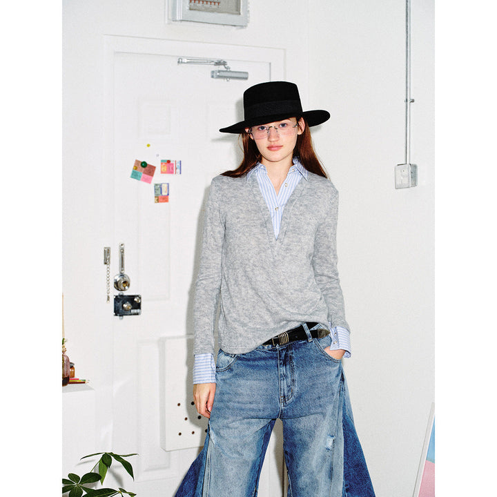 Damen Lagenlook-Pullover mit integriertem Hemdkragen und Manschetten Echoarchiv