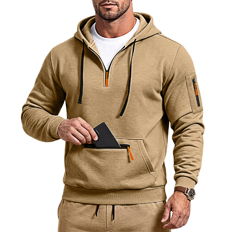 Herren sportlicher Kapuzenpullover mit halbem Reißverschluss und verschließbarer Kängurutasche – Cavarno