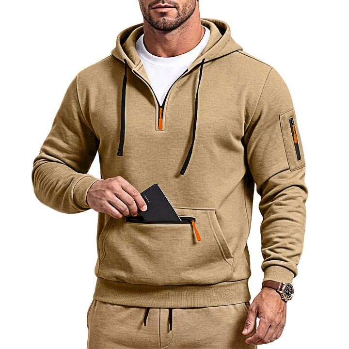 Herren sportlicher Kapuzenpullover mit halbem Reißverschluss und verschließbarer Kängurutasche – Cavarno