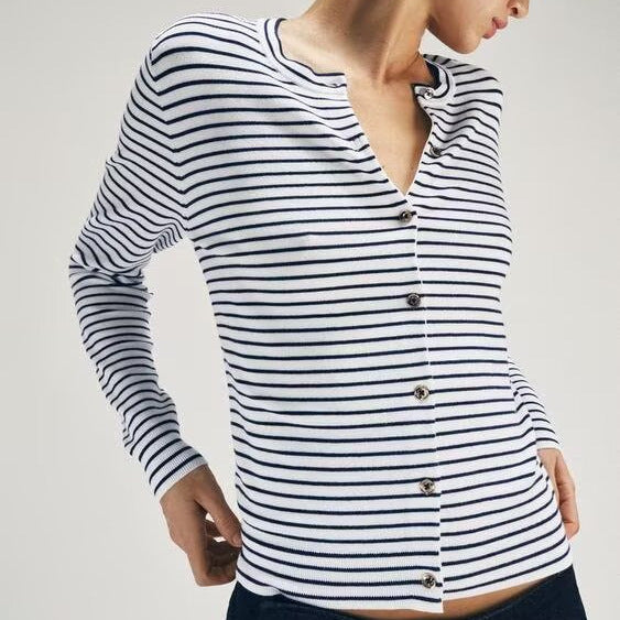 Damen Maritimer Feinstrick-Cardigan mit feinen Streifen und Perlmuttknöpfen Echoarchiv