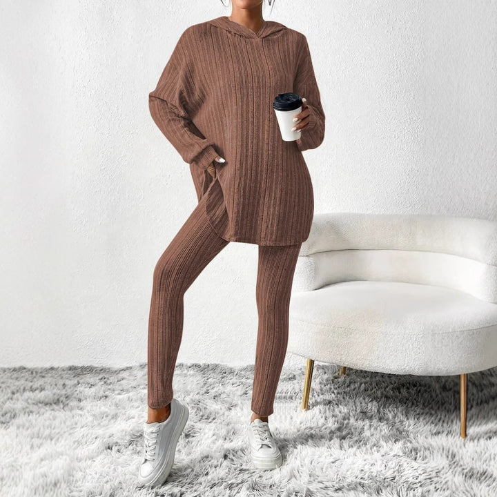 Damen Geripptes Feinstrick‑Loungewear‑Set mit Kapuzenpullover und hochtaillierten Leggings Echoarchiv