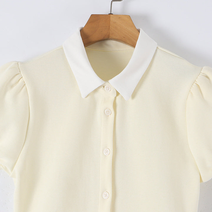 Damen Figurbetontes Hemdblusenkleid mit Puffärmeln und plissiertem Faltenrock Echoarchiv