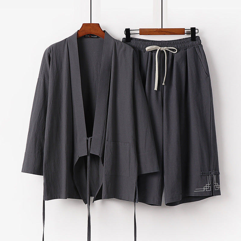 Damen Zen-Kimono-Lounge-Set aus atmungsaktivem Baumwollmix mit Bindebandjacke und weiten Culotte-Hose Echoarchiv