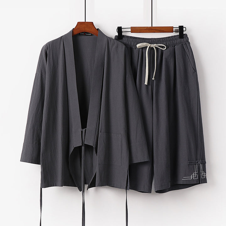 Damen Zen-Kimono-Lounge-Set aus atmungsaktivem Baumwollmix mit Bindebandjacke und weiten Culotte-Hose Echoarchiv